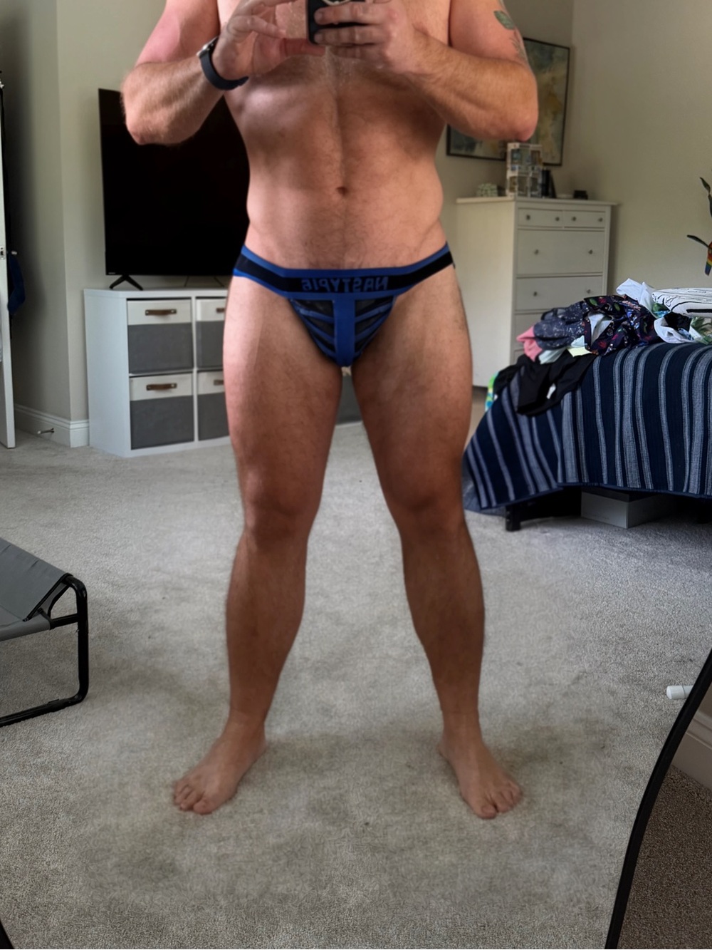 Men's Nasty Pig Leather  Blue Striped Jockstrap large